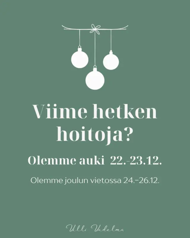 🎄 Palvelemme vielä ennen joulua 22.–23.12., joten nyt on täydellinen hetki varata aika ja hemmotella itseäsi tai hankkia lahjaksi ihana jouluhoito.

🤍 24.–26.12. vietämme joulua ja palaamme taas virkeinä palvelemaan joulun jälkeen.

Varaa aikasi ajoissa ja anna joulukiireiden keskellä myös itsellesi hetki rentoutua.
www.villivadelma.net

- Villi Vadelma, Helsinki

#holistinenhyvinvointi #ayurveda #kauneusjaterveys
#kauneushoitolavillivadelma #kauneushoitolahelsinki #kosmetologihelsinki #luonnonkosmetiikka #kauneus #hyvinvointi #kauneushoitolakumpula #ihonhoito #kauneudenhoito #happokuorinta #mikroneulaus #mikroneulaushelsinki #retinoli