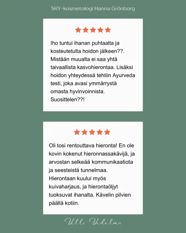 Kevät on täällä – ihanaa maaliskuun alkua!🌞

Talven jälkeen iho kaipaa usein erityistä huolenpitoa. Nyt on täydellinen hetki varata kasvohoito, joka kirkastaa, kosteuttaa ja herättää ihon uuteen kevääseen.🌱

Jos arki tuntuu kiireiseltä, suosittelemme myös rentouttavaa hierontaa, joka auttaa kehoa palautumaan ja tuo hetken rauhaa kevään kiireiden keskelle.💆‍♀️

Kiitos kuvien ihanista asiakaspalautteista, ne merkitsevät meille valtavasti!💛

Varaa sinun oma hemmotteluhetkesi osoitteessa www.villivadelma.net

Lämpimästi tervetuloa hoitoihin!✨

- Villi Vadelma, Helsinki

#kauneushoitolahelsinki #iho #luonnonkosmetiikka #ihonhoito #kasvohoitohelsinki