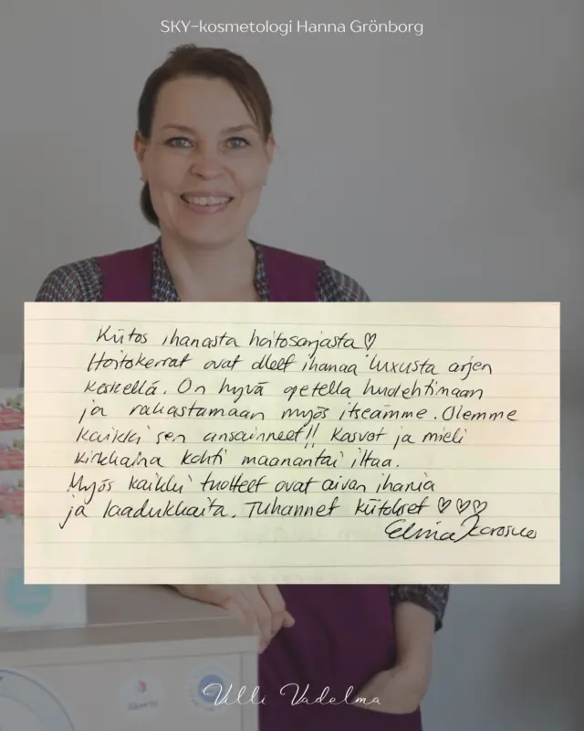 Asiakaspalaute useamman hoidon sarjan jälkeen.🤍

Palautteesta löytyy tärkeä muistutus meille kaikille: ”On hyvä opetella huolehtimaan ja rakastamaan myös itseämme. Olemme kaikki sen ansainneet!”

Muista sinäkin tämä, ja huolehdi itsestäsi vaikkapa hieronnan tai kasvohoidon kautta.✨

- Villi Vadelma, Helsinki

#kauneushoitolahelsinki #kosmetologihelsinki #luonnonkosmetiikka #kauneushoitolakumpula #ihonhoito