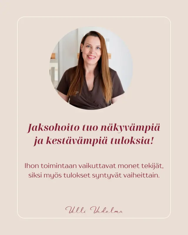 Jaksohoito on suunnitelmallinen tapa tukea ihon hyvinvointia ✨

Ihon kuntoon vaikuttavat monet tekijät, kuten kosteustasapaino, talineritys ja ihon suojamuurin toiminta. Näihin ei voida vaikuttaa pysyvästi yhdellä hoidolla, vaan iho tarvitsee aikaa ja johdonmukaista hoitoa.

Jaksohoidossa ihoa hoidetaan vaiheittain sen tarpeiden mukaan. Näin voidaan vahvistaa ihon rakennetta, tasapainottaa sen toimintaa ja saavuttaa näkyvämpiä, kestävämpiä tuloksia.

Jaksohoito sopii erityisesti silloin, kun
 – iho tuntuu epätasapainoiselta
 – halutaan vaikuttaa ihohaasteisiin pitkäjänteisesti
 – kotihoito ei yksin riitä

3 hoitoa 294,-

Rakennetaan ihollesi hoitokokonaisuus, joka tukee sen hyvinvointia pitkäjänteisesti! 🤍

www.villivadelma.net

- Villi Vadelma, Helsinki

#jaksohoito #kasvohoitohelsinki #ihonhoito #kauneushoitolahelsinki #luonnonkosmetiikka