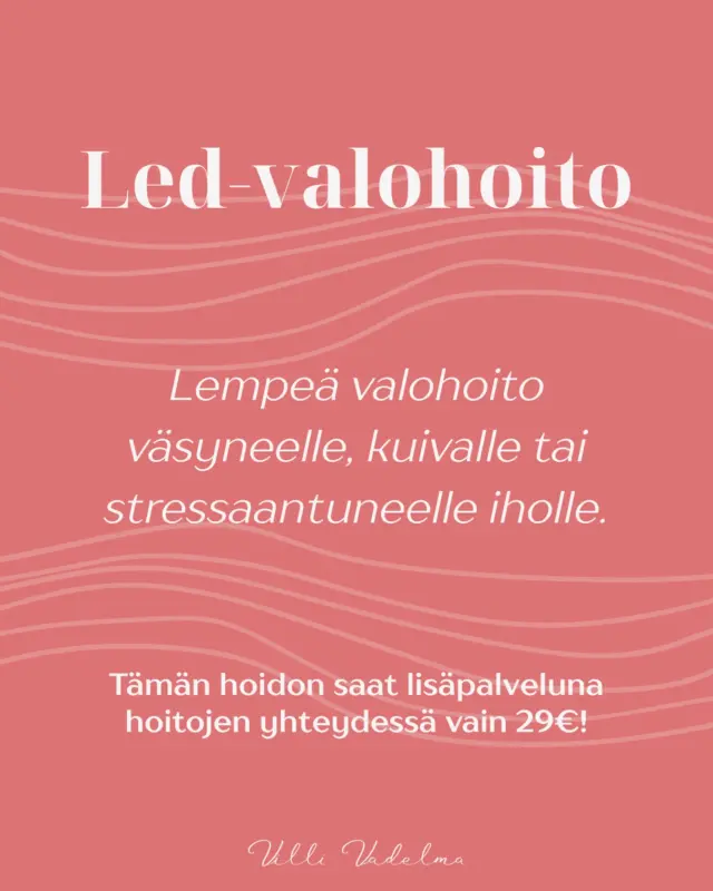 LED-valohoito on lempeä mutta tehokas tapa tukea ihon hyvinvointia.

Se auttaa elvyttämään väsynyttä ihoa, lisää kosteustasapainoa ja rauhoittaa stressaantunutta ihoa, täysin kivuttomasti ja ilman toipumisaikaa.

 ✨ Saatavilla lisäpalveluna muiden kasvohoitojen yhteyteen, vain 29€!

Varaa oma LED-valohoitosi ja anna ihollesi hetki palautumista ja hehkua.
Ajanvaraus normaalisti, kysy rohkeasti myös muista lisäpalveluvaihtoehdosta hoidon yhteydessä.

www.villivadelma.net

- Villi Vadelma, Helsinki

#kauneushoitolahelsinki #kosmetologihelsinki #luonnonkosmetiikka #kauneushoitolakumpula #ihonhoito