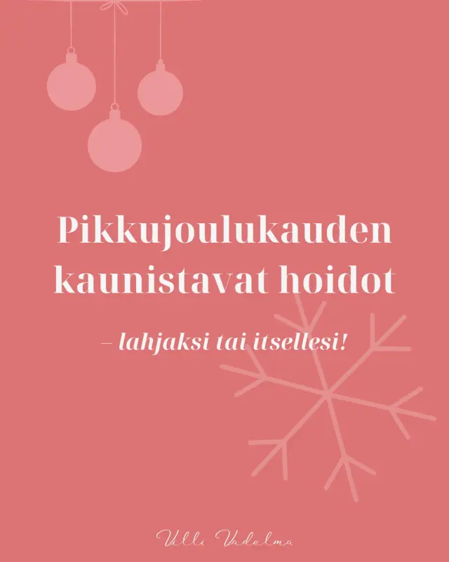 Pikkujoulukauden kaunistavilla hoidoilla hemmottelet itseäsi tai annat lahjaksi täydellisen hyvän olon hetken.✨

Valitse suosikkisi, osta lahjakorttina läheiselle tai varaa aika omaa juhlakauteen valmistautumista varten!

Näillä hoidoilla hehkut joulunajan juhlissa:

🎁 ULTIMATE LUKSUS  105 min / 179 €
 Pitkä, kokonaisvaltainen hemmotteluhetki kasvoille, vartalolle ja käsille. Täydellinen arjen luksus.

🎁 Vadelmavirran Täydellinen Kasvohoito  70 min / 109 €
 Räätälöity kasvohoitokokonaisuus, joka antaa iholle hehkua, tasapainoa ja rentoutusta.

Lisää kasvohoidon yhteyteen:

 • Ripsien & kulmien kestovärit, 28 €
 • Kulmavärit & muotoilu, 16 €

Meiltä myös kaikki kampaamopalvelut juhlakauteen!

Lahjakortit ja varauskalenterin löydät verkkosivuiltamme www.villivadelma.net

Tämä hemmottelu tekee joulunodotuksesta vielä parempaa.🤍
- Villi Vadelma, Helsinki

#holistinenhyvinvointi #ayurveda #kauneusjaterveys
#kauneushoitolavillivadelma #kauneushoitolahelsinki #kosmetologihelsinki #luonnonkosmetiikka #kauneus #hyvinvointi #kauneushoitolakumpula #ihonhoito #kauneudenhoito #happokuorinta #mikroneulaus #mikroneulaushelsinki #retinoli #pikkujoulut