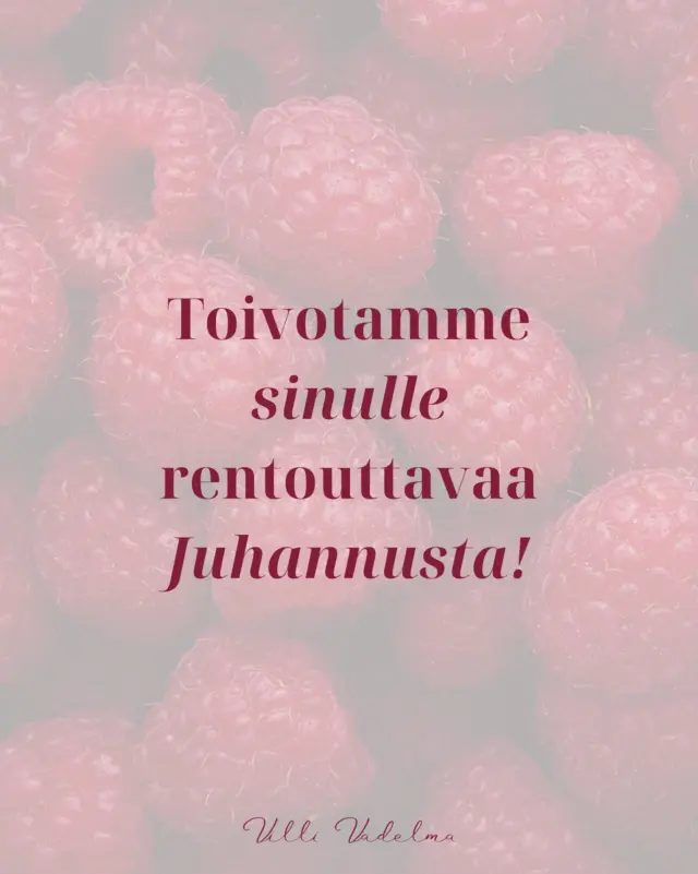 Ihanaa juhannusta!🌸

Juhannus on täällä, ja on aika hidastaa tahtia, nauttia kesän kauneudesta, luonnon rauhasta ja yhteisistä hetkistä rakkaiden kanssa.

Toivomme, että juhannukseesi mahtuu naurua, hyvää ruokaa, valoisia kesäöitä ja lepoa.☀️

Juhannuksen jälkeen olemme jälleen valmiina palvelemaan sinua. Ensi viikolle löytyy vielä vapaita aikoja hemmotteluun, rentoutumiseen ja kauneudenhoitoon. Nyt on täydellinen hetki varata oma kesäinen hyvinvointihetki ennen lomia tai keskelle niitä.

Lämpimästi tervetuloa Villi Vadelmaan, nähdään ensi viikolla!🩷

- Villi Vadelma, Helsinki 

#kauneushoitolahelsinki #kampaamohelsinki #luonnonkosmetiikka #ihonhoito #kasvohoitohelsinki