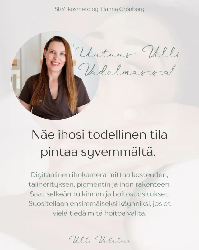 Tiedätkö ihosi todellisen kunnon?

Villi Vadelmaan on saatu ihonhoitoa mullistava API-ihokamera (ja meillä on nyt huikea tutustumistarjous voimassa 3 päivän ajan!🥳)

⭐️Haluan tarjota sinulle harvinaisen mahdollisuuden nähdä, missä ihosi oikeasti menee nyt.

Uusi API-ihokameramme paljastaa:

- Kosteustasapainon
- Pigmenttimuutokset
- Huokosten tilanteen
- Ikääntymisen merkit
- Ihon todellisen kunnon pintaa syvemmältä

Joskus iho näyttää kuivalta, mutta onkin tukossa.
Joskus pinta kiiltää, mutta syväkosteus on heikko.

👇Tutustu tarjoukseen👇

SYVÄIHO-RESET 60 MIN LANSEERAUSHINTA 59 €
(norm. arvo 135 €)

SISÄLTÄÄ:

🤍 API-syväanalyysi (ihon kosteus, tali, pigmentti, rakenne)

🤍 Tulosten läpikäynti ja raportti mukaan

🤍 30 min palauttava mini-rituaali -kasvohoito

Tutustumistarjous on voimassa nyt 3 päivän ajan, varaa paikkasi nyt sähköpostitse hanna@villivadelma.net

Tervetuloa!✨

- Villi Vadelma, Helsinki

#kauneushoitolahelsinki #iho #luonnonkosmetiikka #ihonhoito #kasvohoitohelsinki