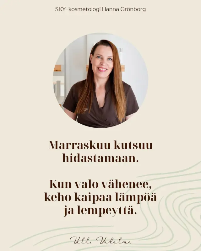 Marraskuu kutsuu hidastamaan — ja iho kiittää lempeydestä.🤎✨

Kun valon määrä vähenee, kehomme kaipaa rytmiä, lempeitä tapoja ja selkeyttä arkeen.

Ayurvedassa tämä on Vatan aikaa: kuiva, kevyt ja kylmä energia voi näkyä kiristävänä ihona, levottomina öinä ja pieninä uupumisina.
Mutta tasapainoon palaaminen on aina mahdollista.

Uusi ihokurssini “Hyvinvoiva iho, vähemmän purkkeja, enemmän tasapainoa” on täällä auttamassa sinua hoitamaan ihoasi sisältä ja ulkoa,lempeästi ja kokonaisvaltaisesti, ilman purkkiviidakkoa.

Valitse itsenäinen verkkokurssi tai ohjattu, henkilökohtaisella tuella.

Lue lisää ja aloita oma tasapainomatkasi: www.sukha-ayurveda.fi/ihokurssi

Kysymyksiä voit lähettää minulle osoitteeseen hanna@villivadelma.net

- Hanna, Villi Vadelma

@sukha_ayurveda.fi @villivadelmahelsinki 

#ayurveda #vataseason #hyvinvointi #ayurveda #sukhaayurveda #kehonviisaus #kehomieli #tasapainoelämässä #villivadelma #hyväolo #terveellinenruoka #vatadosha #vata